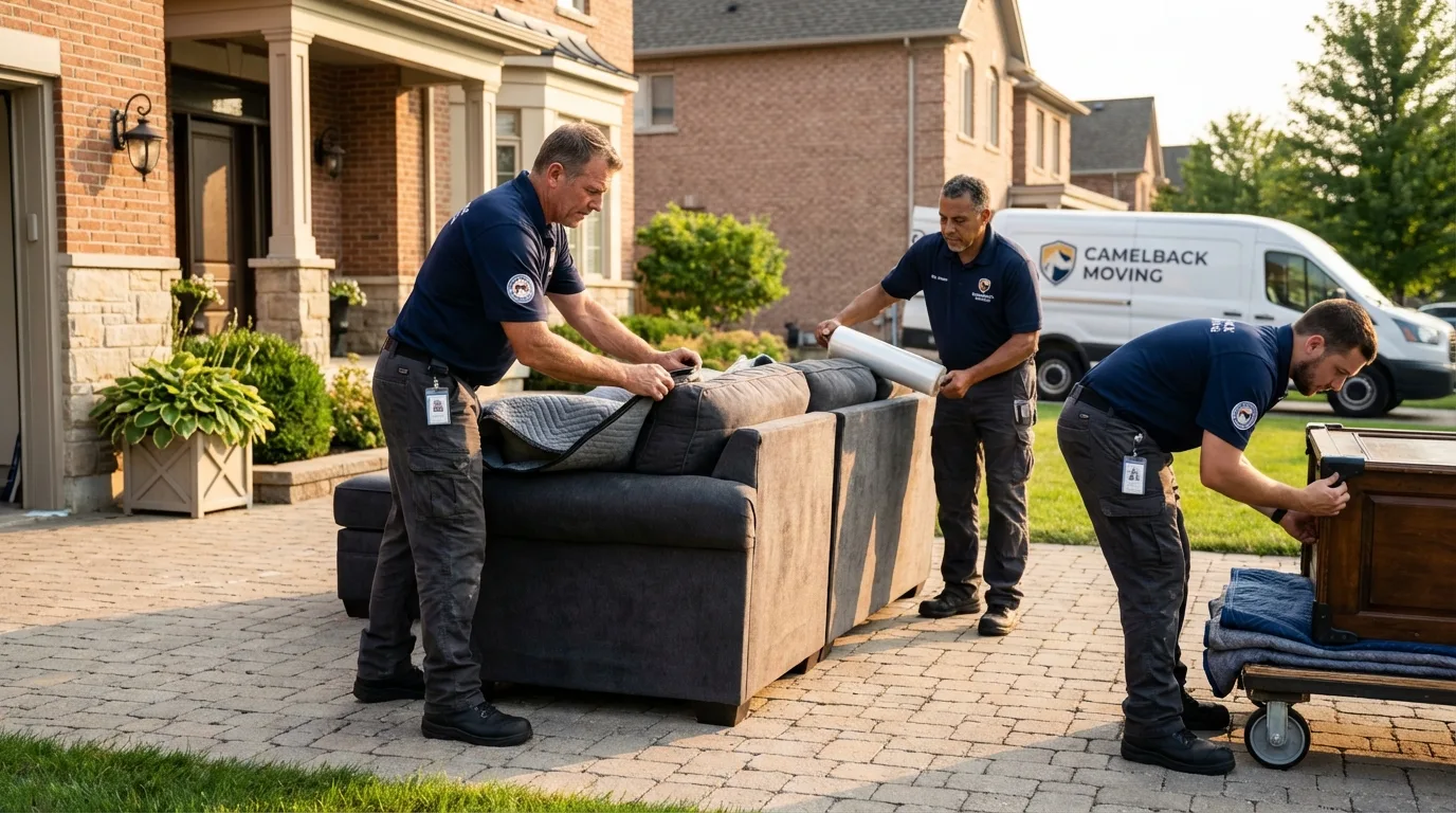 Large estate moving crew wrapping furniture in Groton, NY