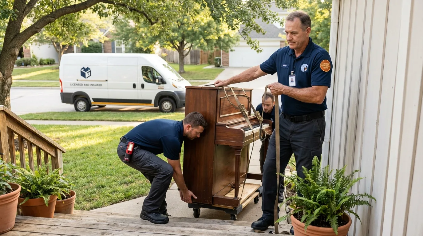 Licensed piano movers securing grand piano in Groton, NY