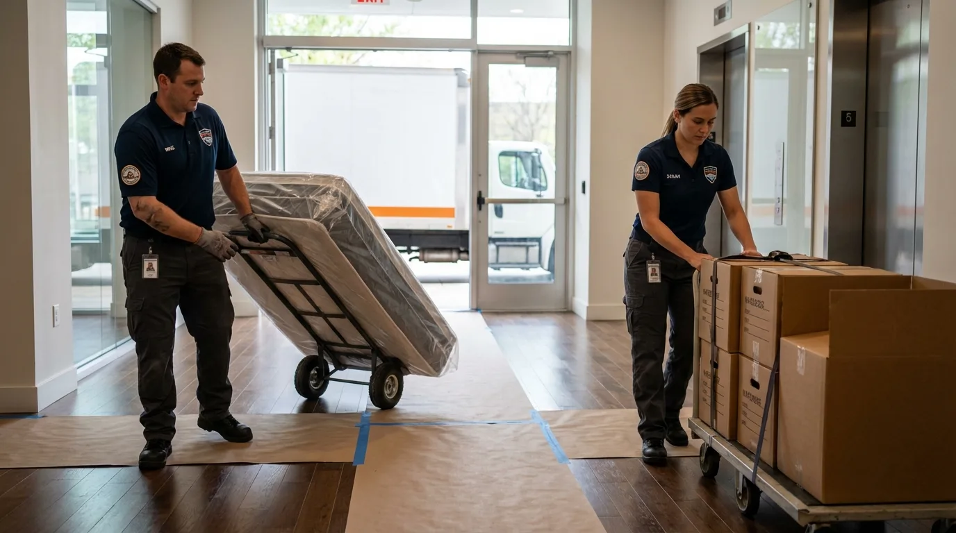 Professional apartment movers loading elevator in Groton, NY