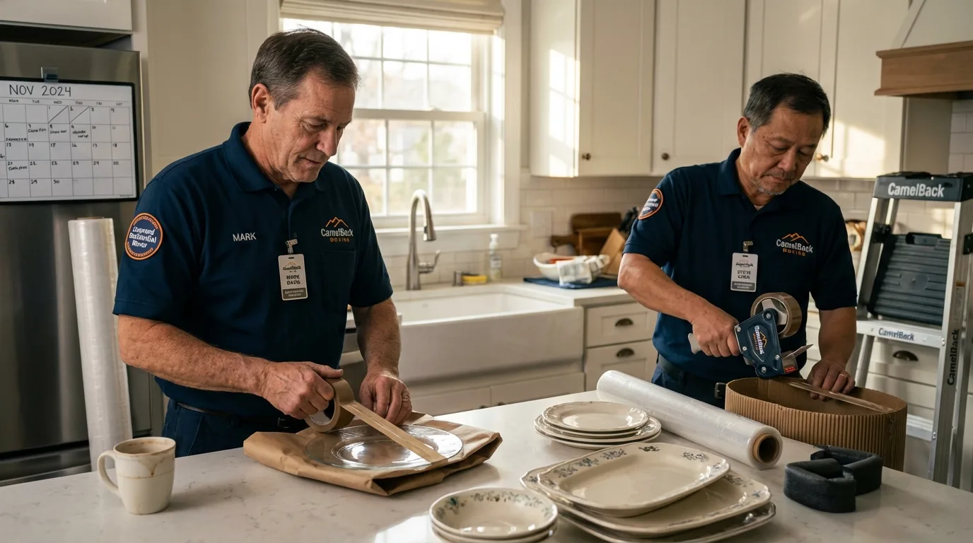 Professional crew packing kitchen dishware in Groton, NY